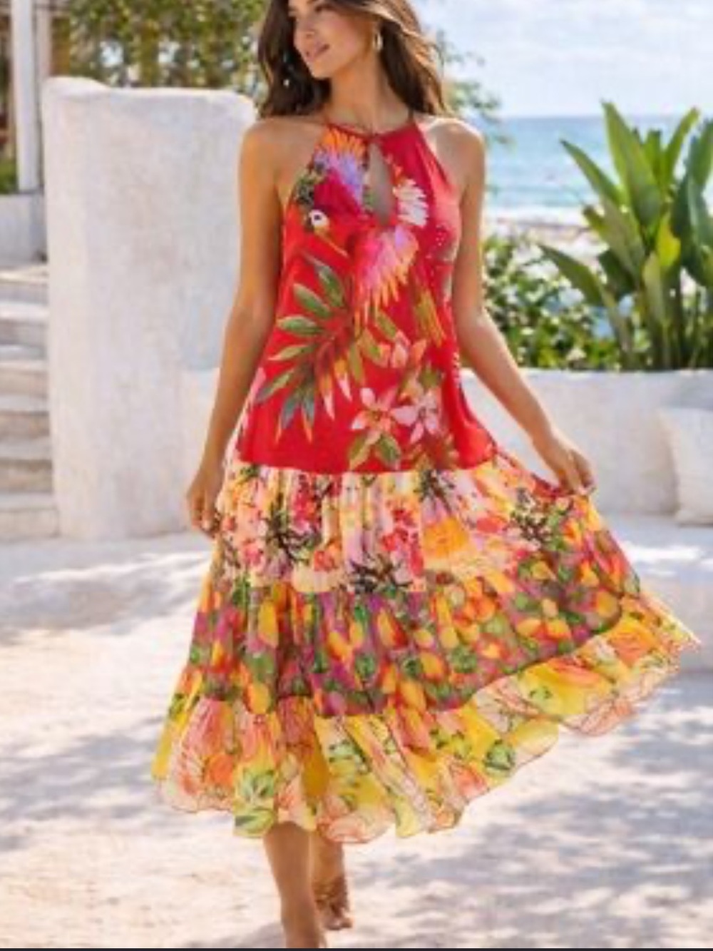 NWT Farm Rio x Anthropologie Red Tropical Halter Midi Dress Size S